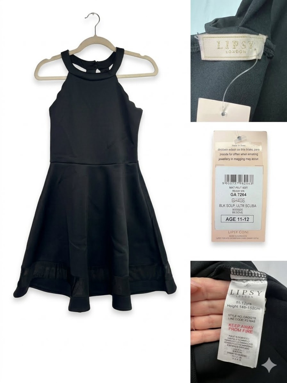 NWT Lipsy Girl Black Scallop Halter Scuba Skater Dress - Age 11-12
